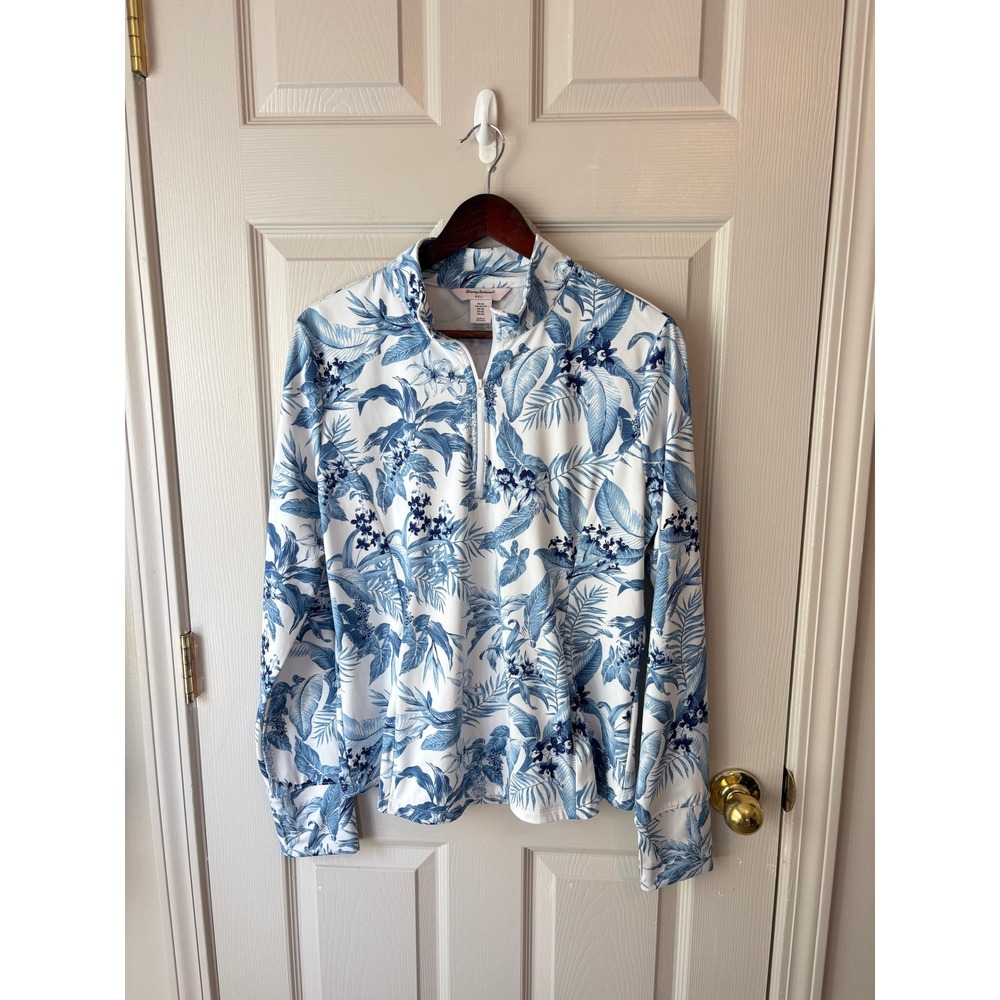 Tommy Bahama Golf Pullover Womens XL Blue Tropical Floral Quarter Zip Active